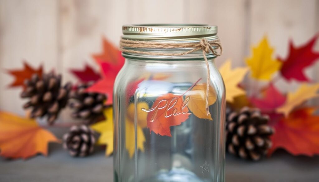 Clear mason jar with twine bow and red maple leaf inside, surrounded by pinecones and autumn leaves on a rustic surface—ideal for DIY rustic fall craft ideas using mason jars.