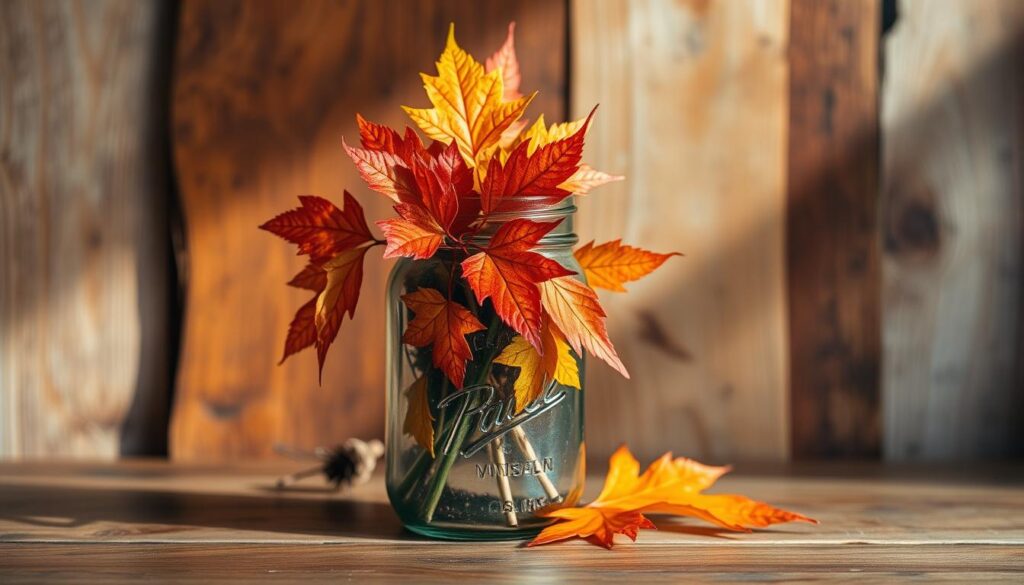 Clear Ball Mason jar filled with vibrant autumn leaves in red, orange, and yellow, placed on a wooden surface with a rustic background—ideal for DIY rustic fall craft ideas using mason jars.