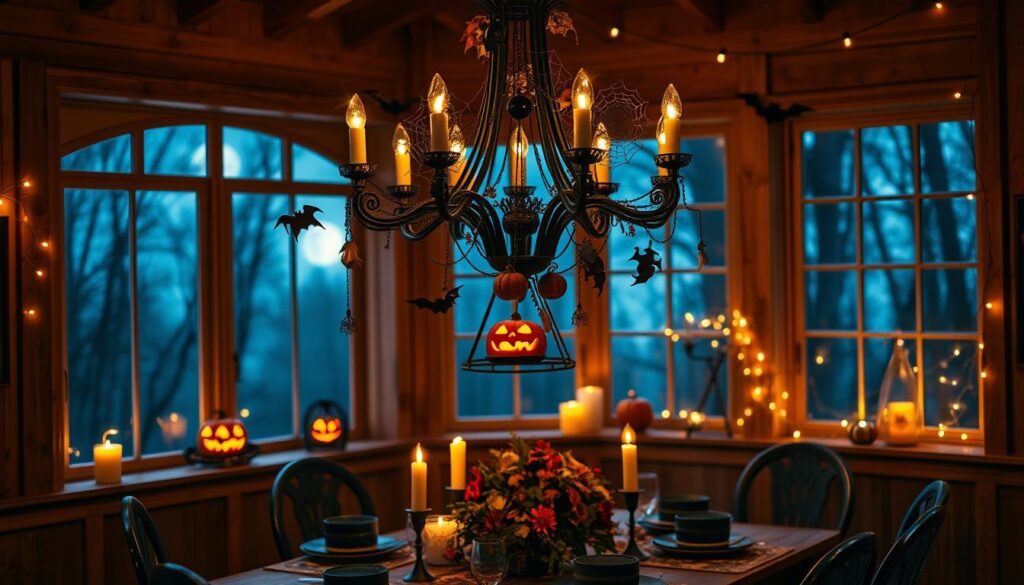 Fall home decor, crafts and DIYs 3 DIY Halloween chandelier decorations for dining rooms featuring a black chandelier adorned with mini pumpkins, bat ornaments, and lit candles above a festive autumn-themed table setting.
