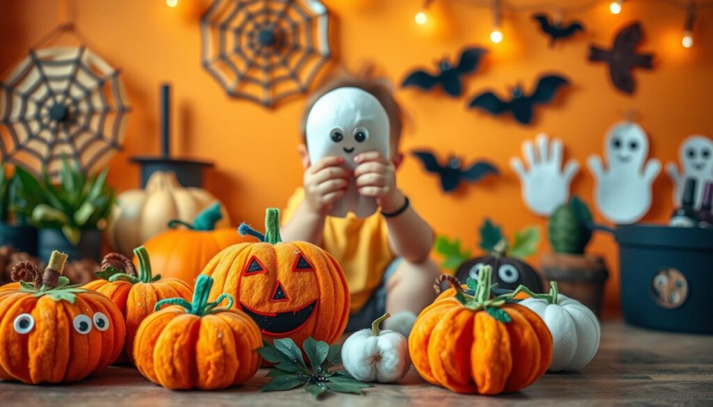 Fall home decor, crafts and DIYs 2 Cute Halloween crafts for toddlers using safe materials featuring plush pumpkins with googly eyes and stitched smiles, a child holding a ghost mask, and Halloween-themed wall decorations in a cozy, festive room.