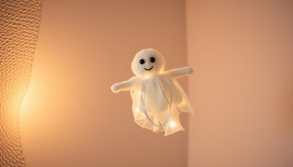 Fall home decor, crafts and DIYs 1 DIY Halloween ghost crafts with cotton balls and glue featuring a glowing ghost decoration with a smiling face, made from translucent white fabric and illuminated from within, set against a soft peach background.