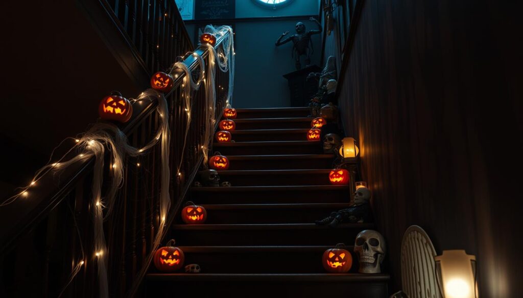 Fall home decor, crafts and DIYs 5 Halloween stairway decorations featuring glowing jack-o’-lanterns, faux cobwebs on railings, string lights, skull props, and a skeleton figure in a dimly lit stairwell with bluish ambient light.