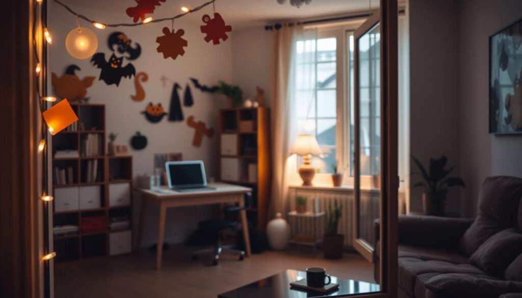 Halloween window decorations for apartments featuring paper cutouts of ghosts, bats, and pumpkins, string lights, and festive accents in a cozy home office with natural light.