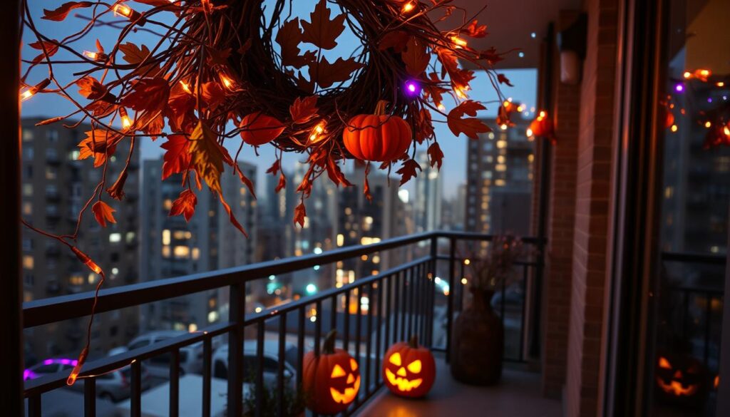 Fall home decor, crafts and DIYs 6 Halloween window decorations for apartments featuring glowing jack-o’-lanterns, orange and purple string lights, and a festive wreath with pumpkins and autumn leaves on a balcony at dusk.