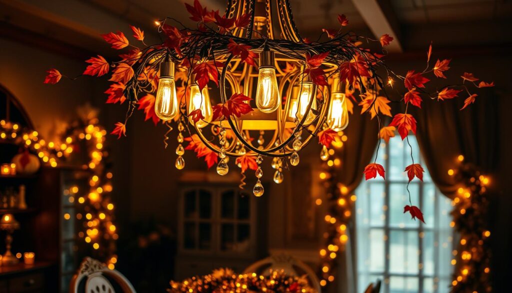 DIY Halloween chandelier decorations for dining rooms featuring an ornate chandelier wrapped in artificial maple leaves, glowing filament bulbs, and hanging crystal ornaments in a warmly lit autumn-themed interior.