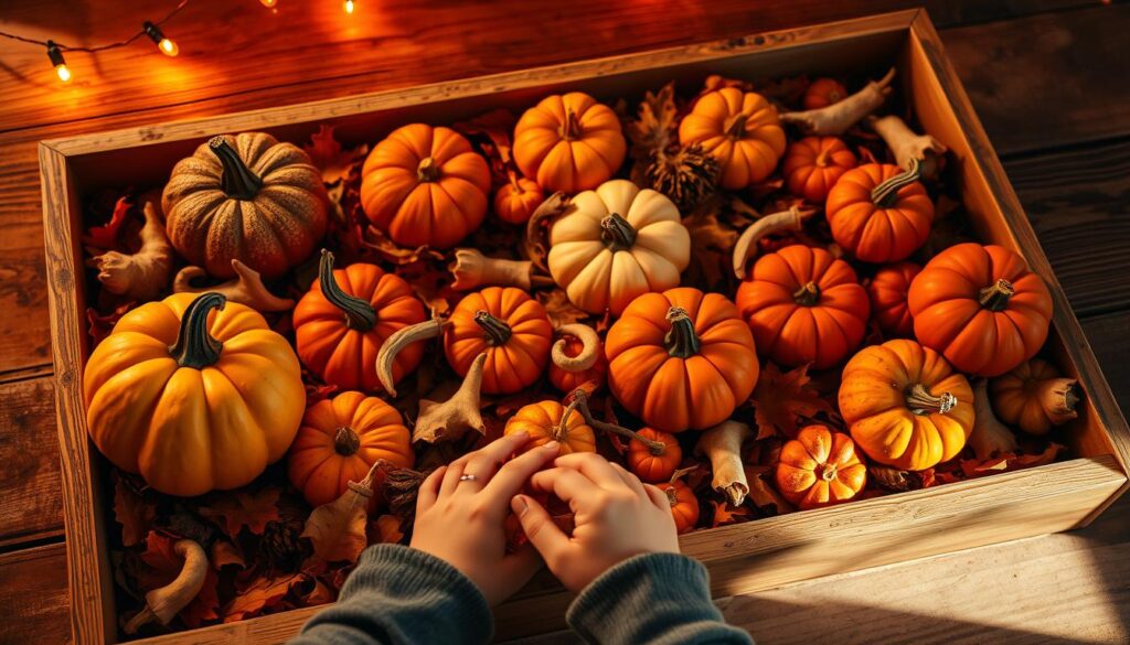 Cute Halloween crafts for toddlers using safe materials featuring small pumpkins and gourds arranged on autumn leaves, with a child’s hands gently touching the decorations in a warmly lit setting.