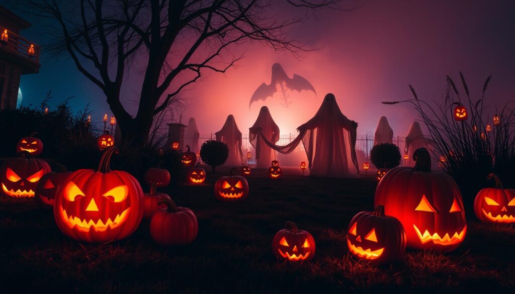 Outdoor Halloween lighting decor featuring glowing jack-o’-lanterns, ghostly figures in white sheets, a shadowy bat creature, and misty lighting effects in a spooky yard setting.