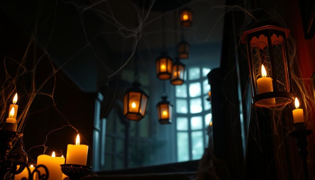 Halloween stairway decorations featuring cobwebs draped across railings, hanging lanterns, and candles casting warm light in a dimly lit hallway with gothic ambiance.