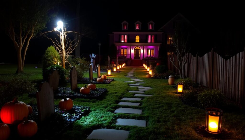 Fall home decor, crafts and DIYs 4 Outdoor Halloween lighting decor featuring purple-lit windows, glowing lanterns along a stone path, tombstones, pumpkins, and a haunted house backdrop in a nighttime yard setting.