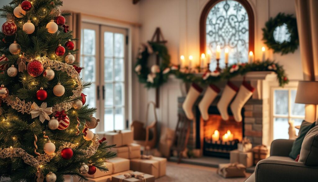 Nostalgic Christmas decorating ideas inspired by childhood holidays featuring a decorated tree with red, white, and gold ornaments, a candlelit fireplace with stockings, and wrapped presents in a cozy living room.