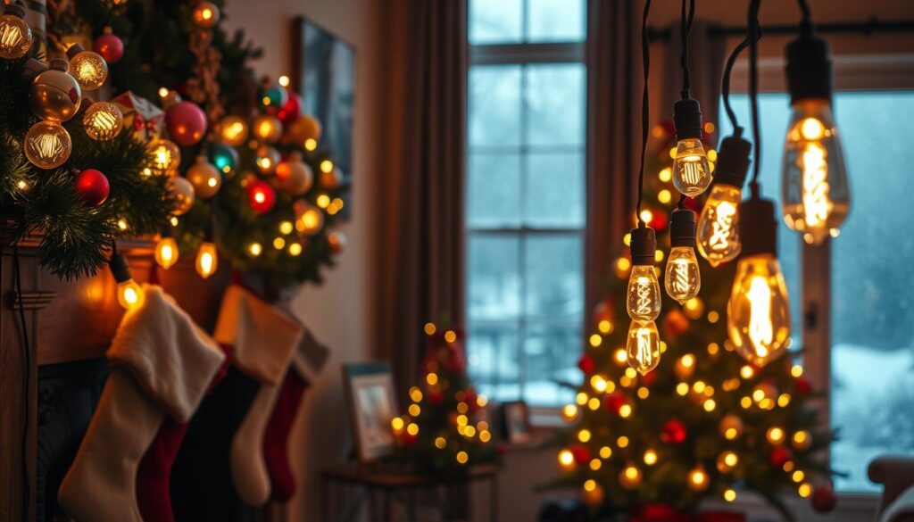 Christmas home decor, crafts and DIYs 2 Nostalgic Christmas decorating ideas inspired by childhood holidays featuring Edison-style bulbs, a decorated tree with red and gold ornaments, a glowing fireplace with stockings, and cozy festive ambiance.