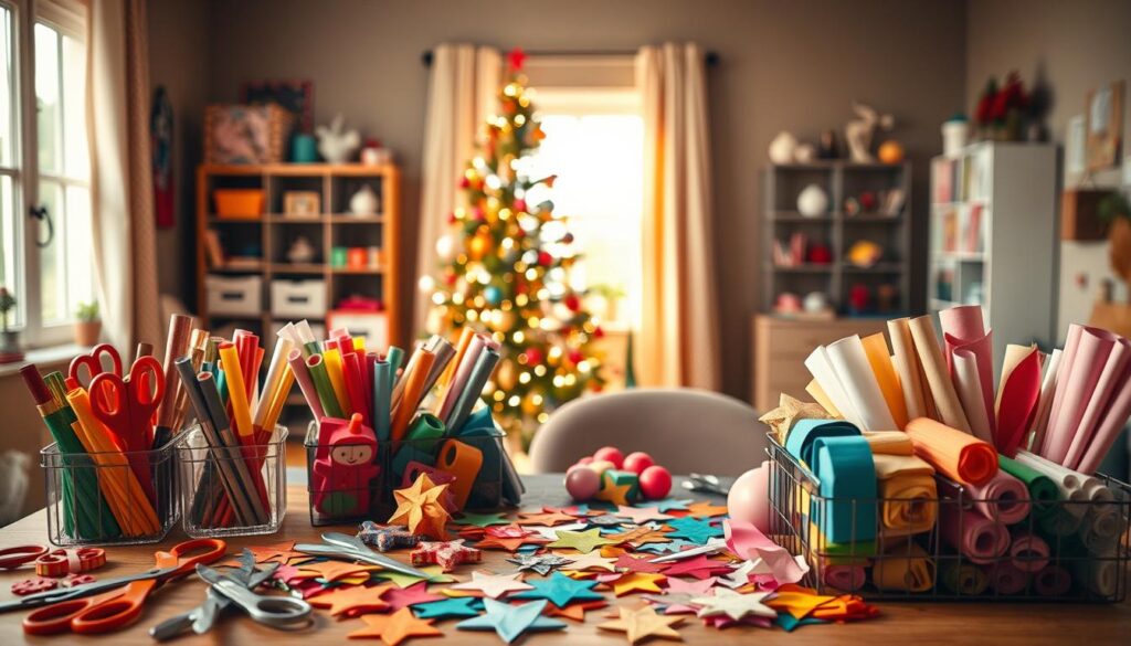 Decorate a Christmas tree like a professional step by step featuring a craft room with colorful paper stars, felt sheets, and a glowing Christmas tree in the background.