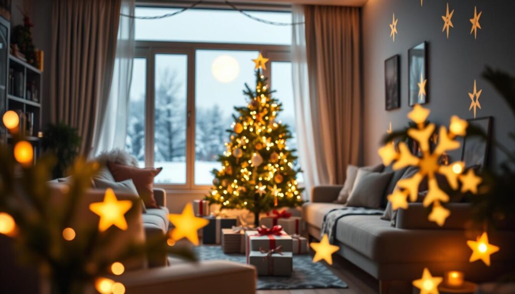 Warm and timeless Christmas decor ideas that never go out of style featuring a cozy living room with a glowing Christmas tree, wrapped presents, star-shaped lights, and soft furnishings.
