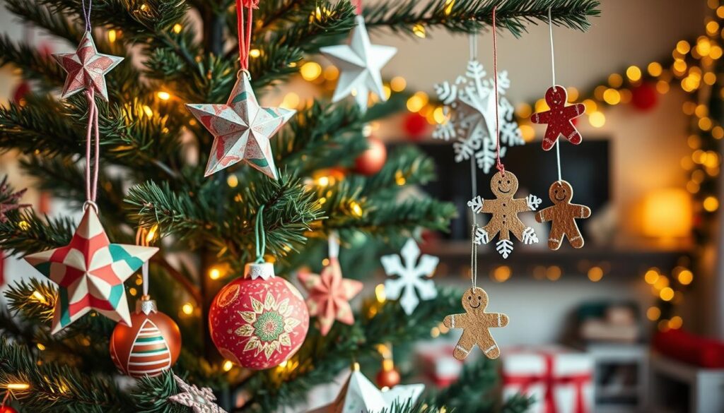 Christmas home decor, crafts and DIYs 5 Decorate a Christmas tree like a professional step by step featuring a tree with paper stars, red and gold baubles, snowflakes, gingerbread ornaments, and warm yellow lights in a cozy home setting.