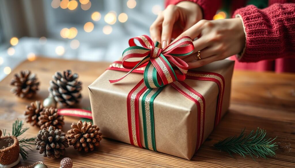 Christmas home decor, crafts and DIYs 3 Wrap a Christmas present with ribbon like a pro featuring a gift wrapped in brown paper and tied with a red, green, and gold striped ribbon, surrounded by pinecones and festive decor.