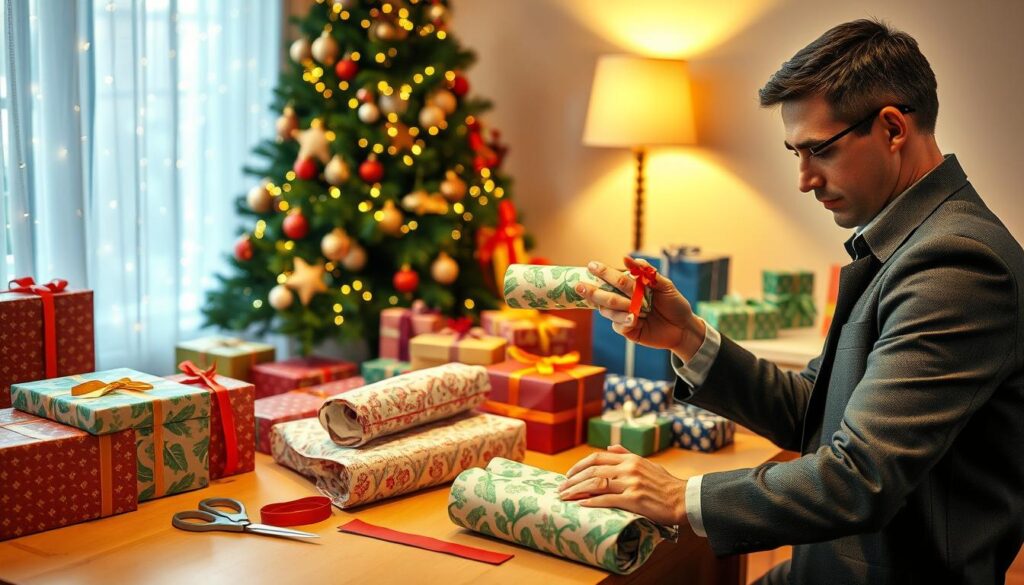 Decorate a Christmas tree with handmade paper ornaments for kids featuring a craft table with colorful paper stars, felt sheets, scissors, and a decorated Christmas tree glowing in the background.