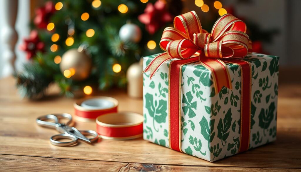 Wrap a Christmas present with ribbon like a pro featuring a gift wrapped in white holly-patterned paper and tied with a red and gold ribbon bow, surrounded by wrapping tools and festive decor.