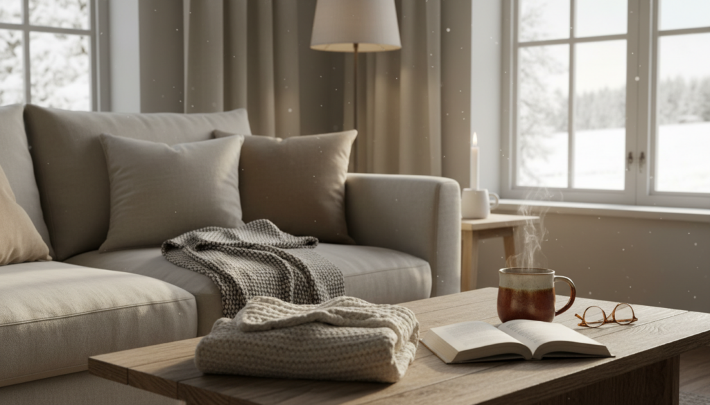 Winter home styling ideas inspired by slow living and simplicity featuring a beige sofa with neutral pillows and a knit blanket, a wooden coffee table with a mug, book, and candle, and a snowy view outside.