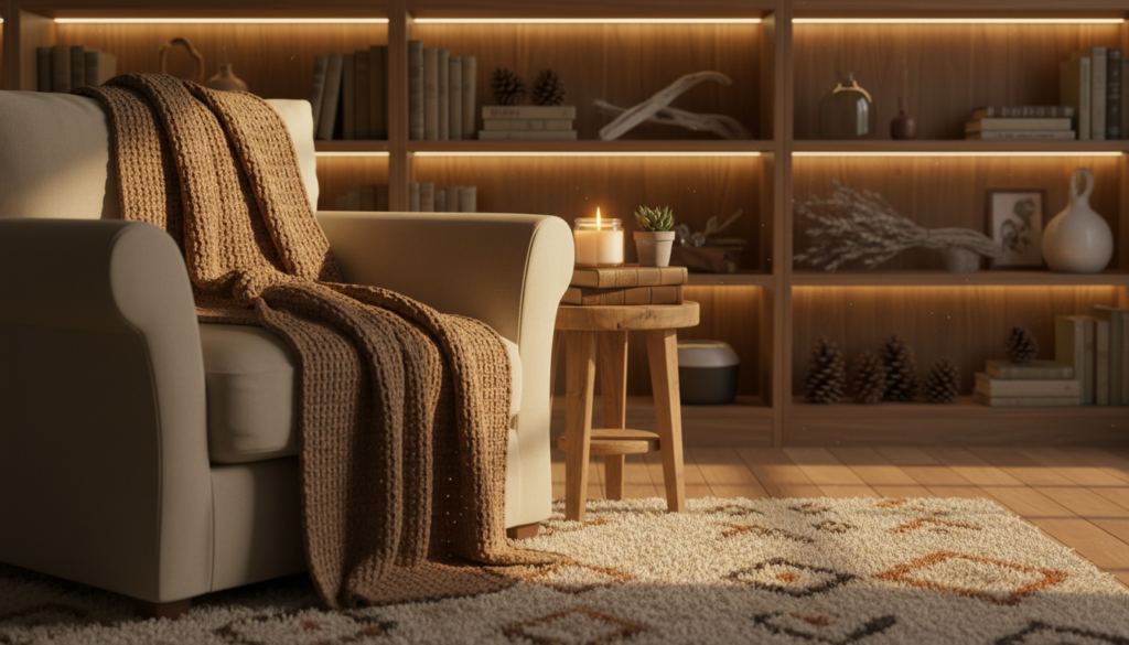 Style cozy corners with blankets and candles featuring a beige armchair with a brown knitted throw, a side table with a lit candle, books, and a potted plant, set in a softly lit room with a bookshelf and warm decor.
