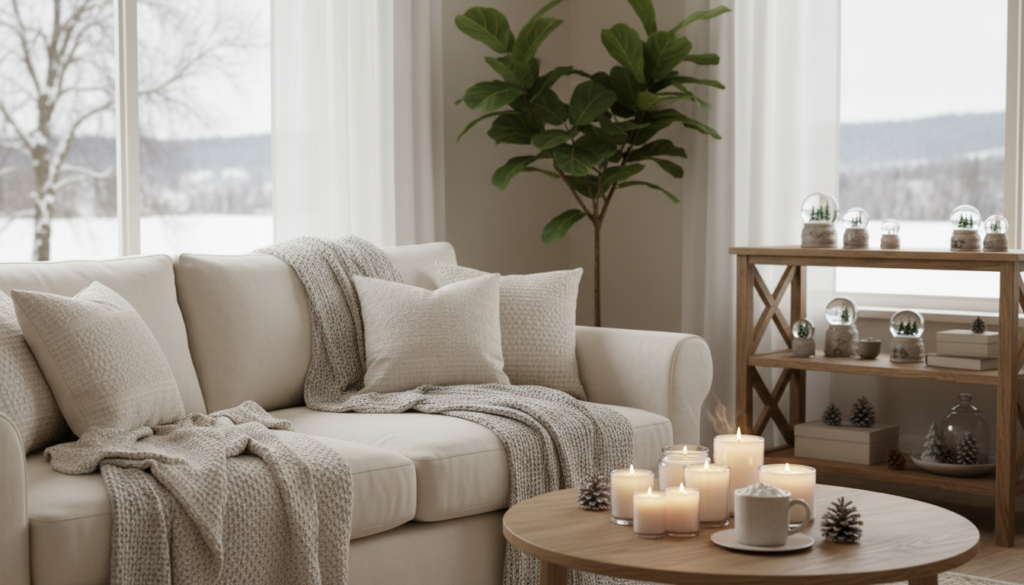Cozy home refresh ideas for January and February featuring a beige sofa with throw pillows and blankets, a coffee table with candles and a hot drink, and a shelf with snow globes and pinecones in front of a snowy view.