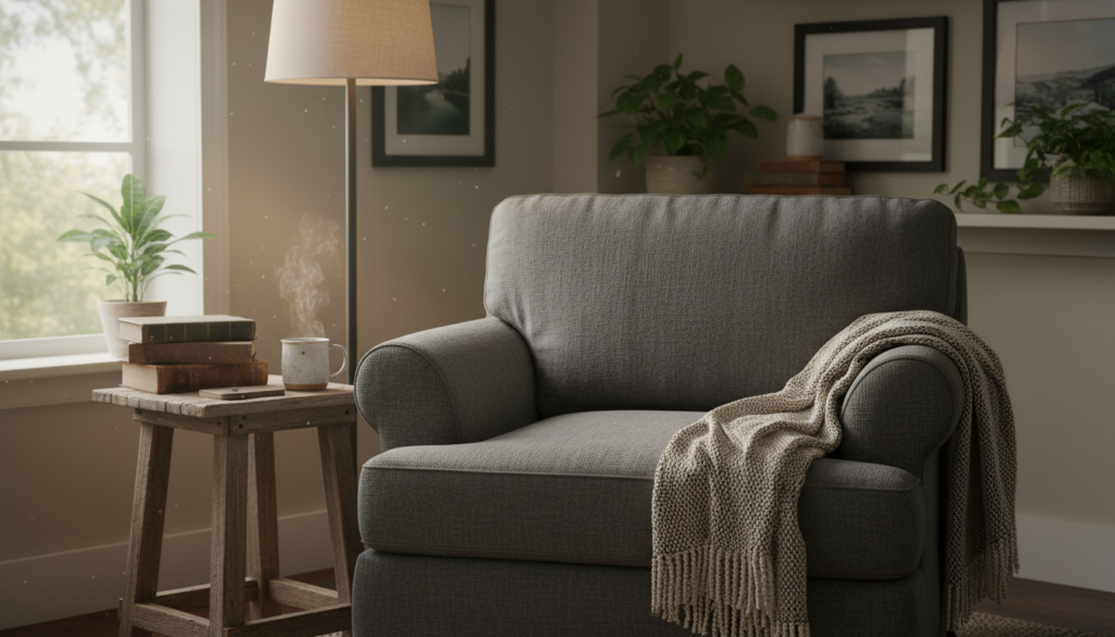Make your home feel cozy during cold months featuring a cushioned armchair with a throw blanket, a wooden side table with books and a steaming mug, soft lighting, and potted plants in a serene winter setting.