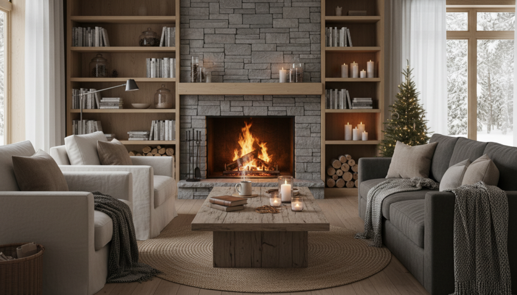 Winter home styling ideas inspired by slow living and simplicity featuring a stone fireplace, wooden bookshelves, two sofas with throw blankets, a rustic coffee table with candles, and a snowy view outside.