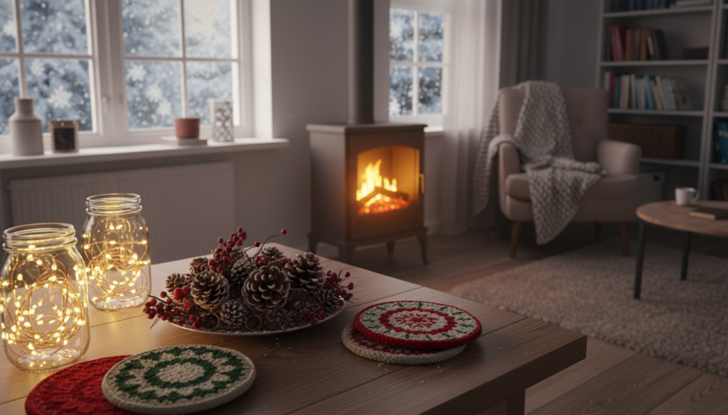 Winter hygge decor ideas for small apartments featuring a cozy indoor scene with mason jar lights, pinecones, crocheted coasters, a wood-burning stove, and a knitted blanket.