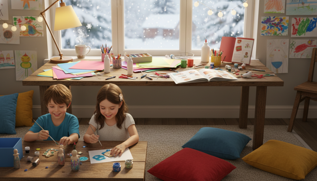Indoor DIY activities for kids on cold winter days featuring children painting wooden figures and decorating paper with art supplies in a cozy room with snow falling outside.