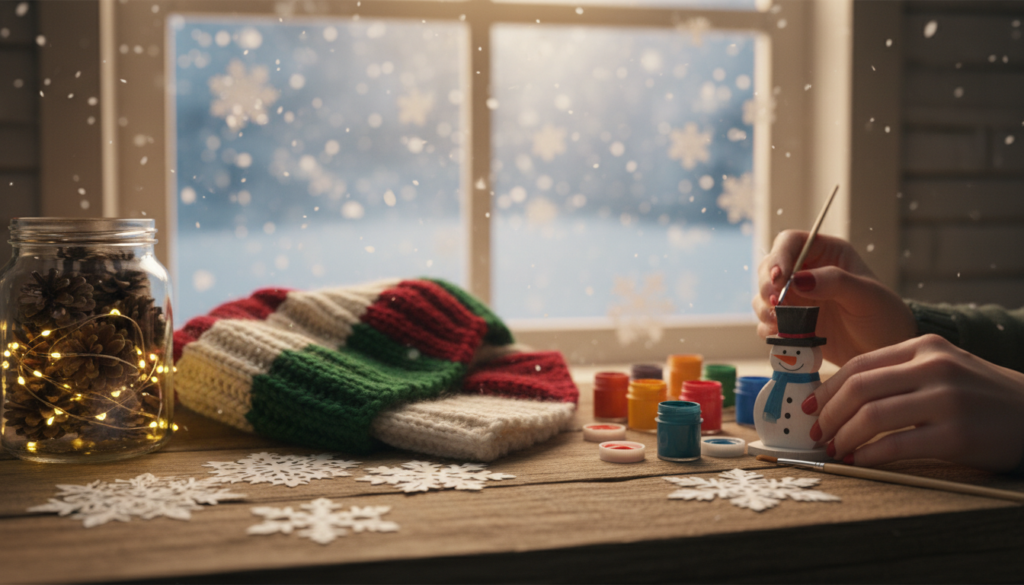 Aesthetic handmade projects inspired by snowy days featuring a person painting a snowman figurine near a jar of pinecones and string lights, with snow falling outside a frosted window.