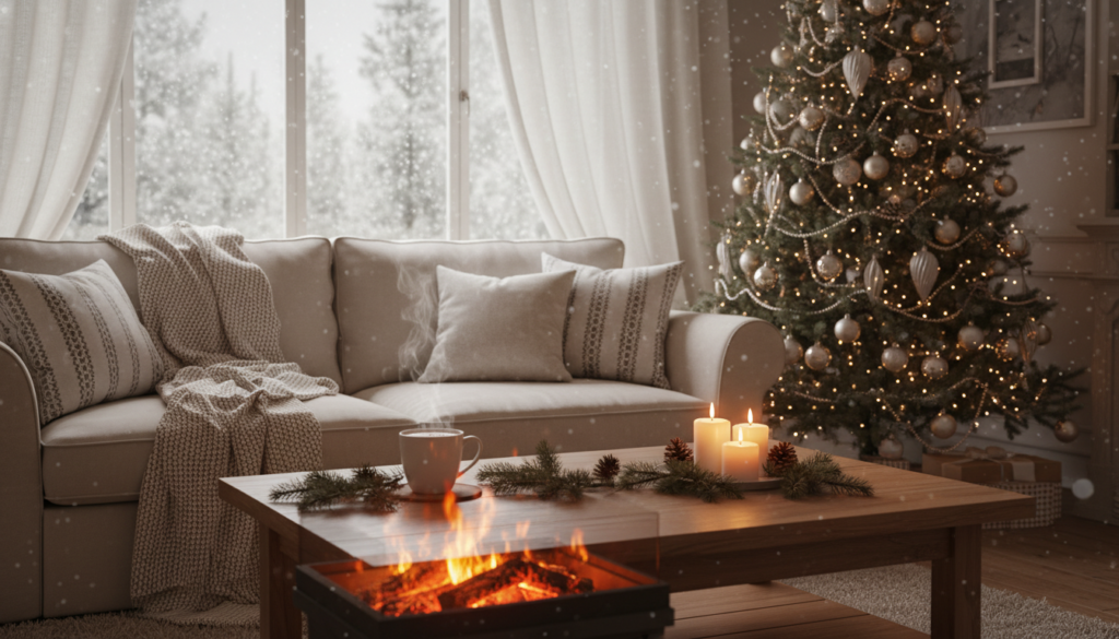 Make your home feel cozy during cold months featuring a Christmas-decorated living room with a lit tree, candles, pinecones, a steaming mug, and a snowy view outside.