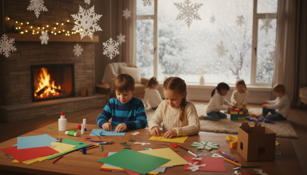 Indoor DIY activities for kids on cold winter days featuring children making paper snowflakes and playing with building blocks in a cozy room with a fireplace and falling snow outside.