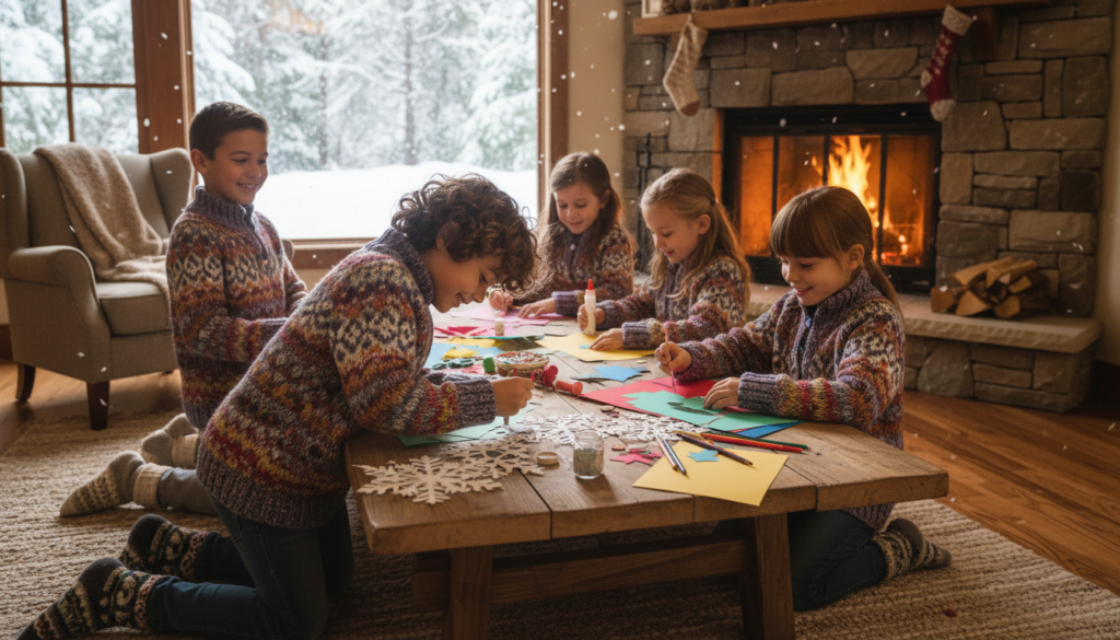 Aesthetic handmade projects inspired by snowy days featuring children crafting winter decorations with paper, beads, and markers around a wooden table in a cozy room with a fireplace and snowy view.
