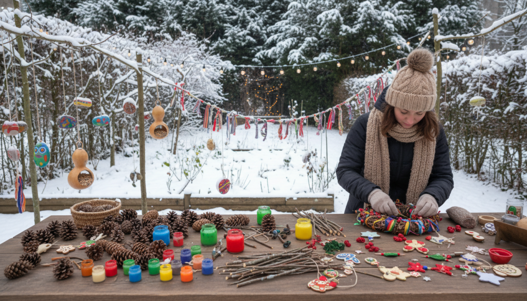 Simple winter crafts for adults to relax indoors featuring pinecones, paint jars, handmade ornaments, and nature-inspired decorations in a snowy setting.