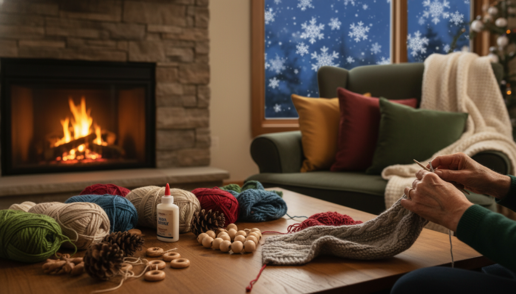 Simple winter crafts for adults to relax indoors featuring a cozy living room with a fireplace, yarn, pinecones, wooden beads, and a person knitting.