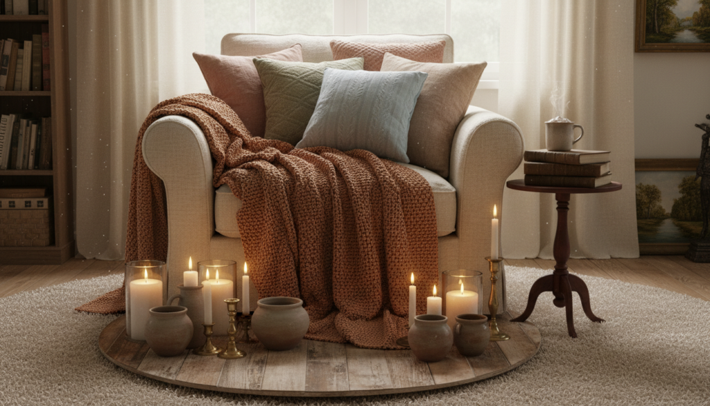 Style cozy corners with blankets and candles featuring a beige armchair with pastel pillows and a chunky knit blanket, surrounded by lit candles, ceramic pots, and a warm drink in a serene reading nook.