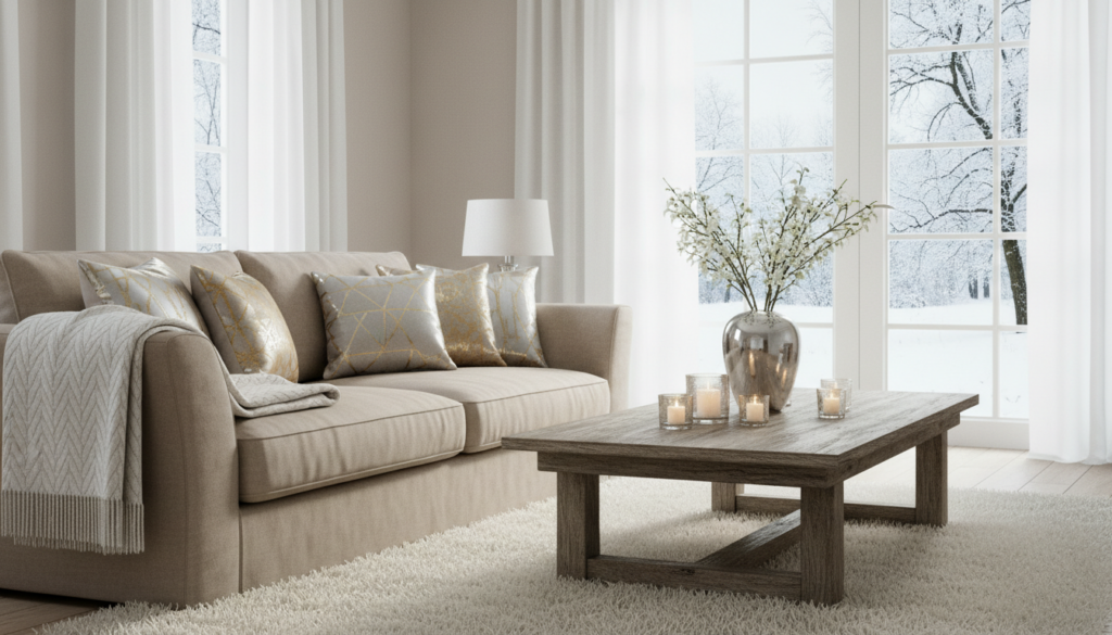 Cozy home refresh ideas for January and February featuring a beige sofa with metallic pillows, a rustic coffee table with candles and flowering branches, and a snowy view outside.
