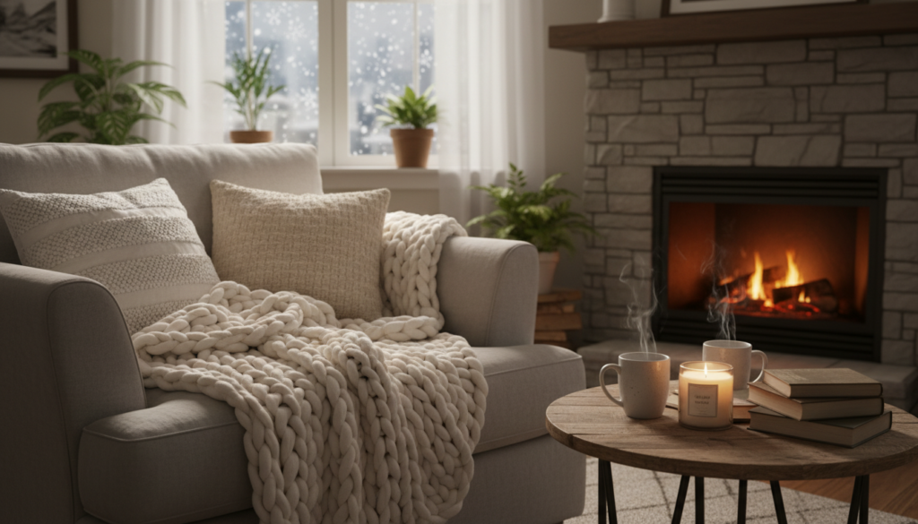 Winter hygge decor ideas for small apartments featuring a cozy living room with a knit blanket, steaming mugs, candlelight, and a glowing fireplace.