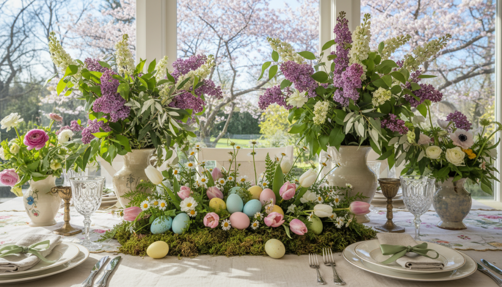 Botanical Easter decor ideas inspired by spring gardens featuring a dining table with large floral arrangements, a moss runner decorated with pastel eggs and tulips, elegant table settings, and a bright spring garden visible through large windows.