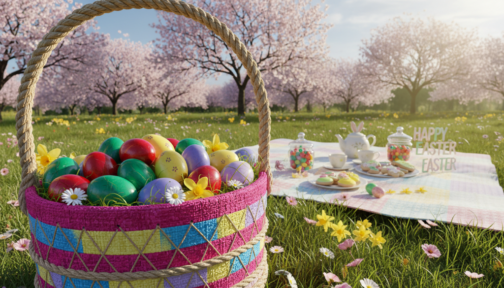 DIY Easter basket ideas using fabric and rope featuring a colorful basket filled with painted Easter eggs and spring flowers in a blooming orchard, with a picnic setup including tea, cookies, and candies in the background.