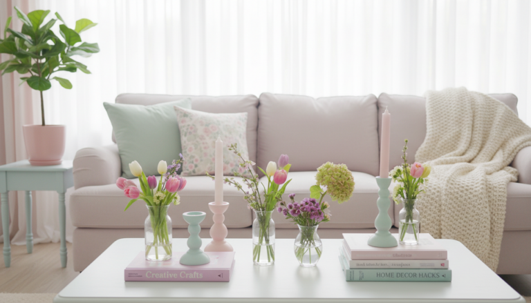 Pastel toned DIY projects for spring home styling featuring a light pink sofa with mint and floral cushions, a white coffee table decorated with pastel candles and small vases of spring flowers, and soft natural light filling a cozy living room.
