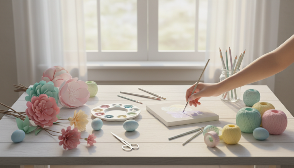 Soft pastel DIY projects inspired by spring skies featuring a hand painting a floral design on a canvas, surrounded by pastel paints, colored pencils, brushes, yarn balls, and decorative flowers on a bright white table near a sunlit window.