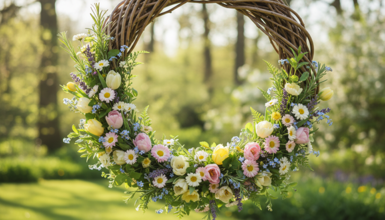 DIY spring wreath ideas without artificial flowers featuring a natural branch wreath decorated with real tulips, daisies, greenery, and colorful spring blooms hanging outdoors in a sunlit garden.