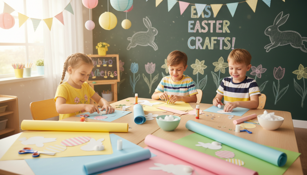 Easter crafts for classrooms with minimal prep featuring children creating simple Easter projects at a table covered with colorful paper, glue sticks, cotton balls, scissors, and bunny and egg cutouts in a cheerful classroom decorated with pastel drawings and bunting.