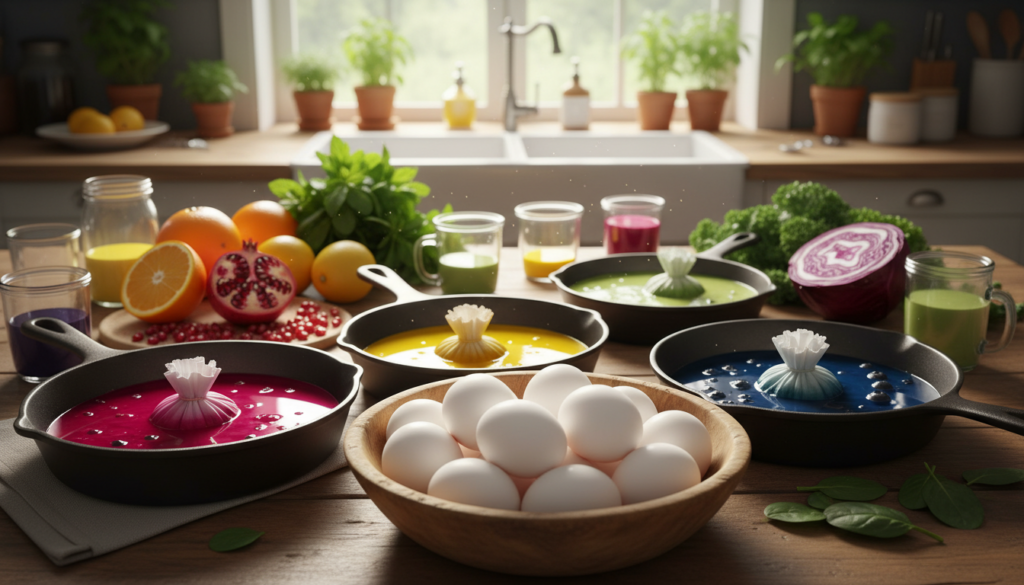 Natural Easter egg dye ideas using fruits and vegetables featuring cast iron pans filled with colorful natural dye liquids, fresh produce like oranges, lemons, pomegranate, red cabbage, leafy greens, and a wooden bowl of white eggs arranged on a bright kitchen countertop.