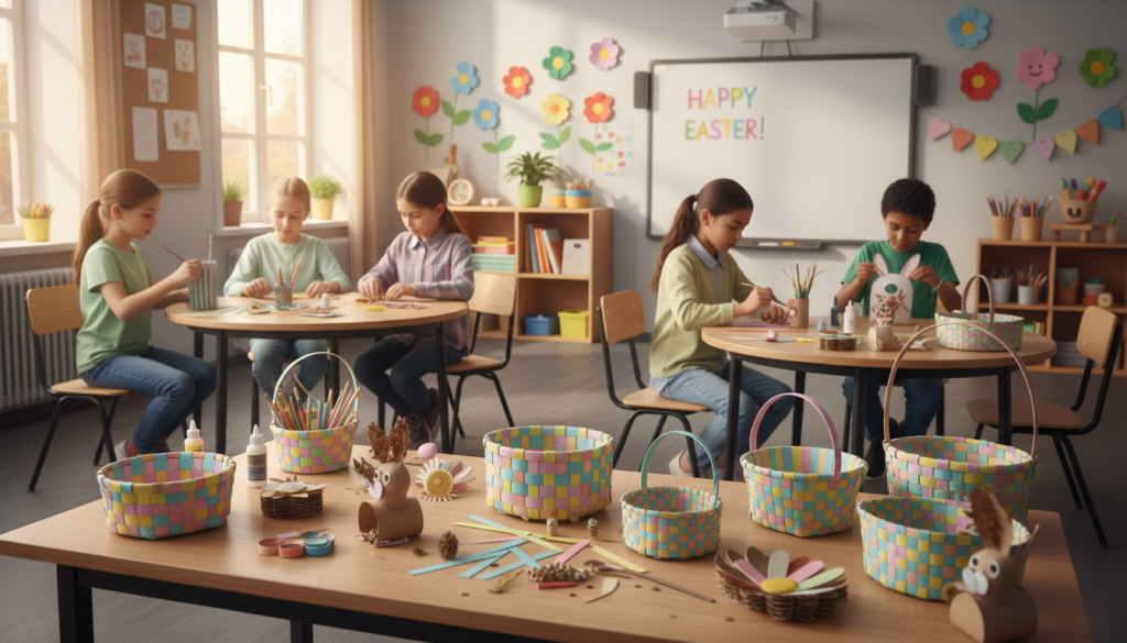 Easter crafts for classrooms with minimal prep featuring children creating simple Easter projects at round tables with paper, glue, paint, and colorful decorations, with finished crafts like woven baskets and cardboard‑tube bunnies displayed on a nearby table in a festive classroom.