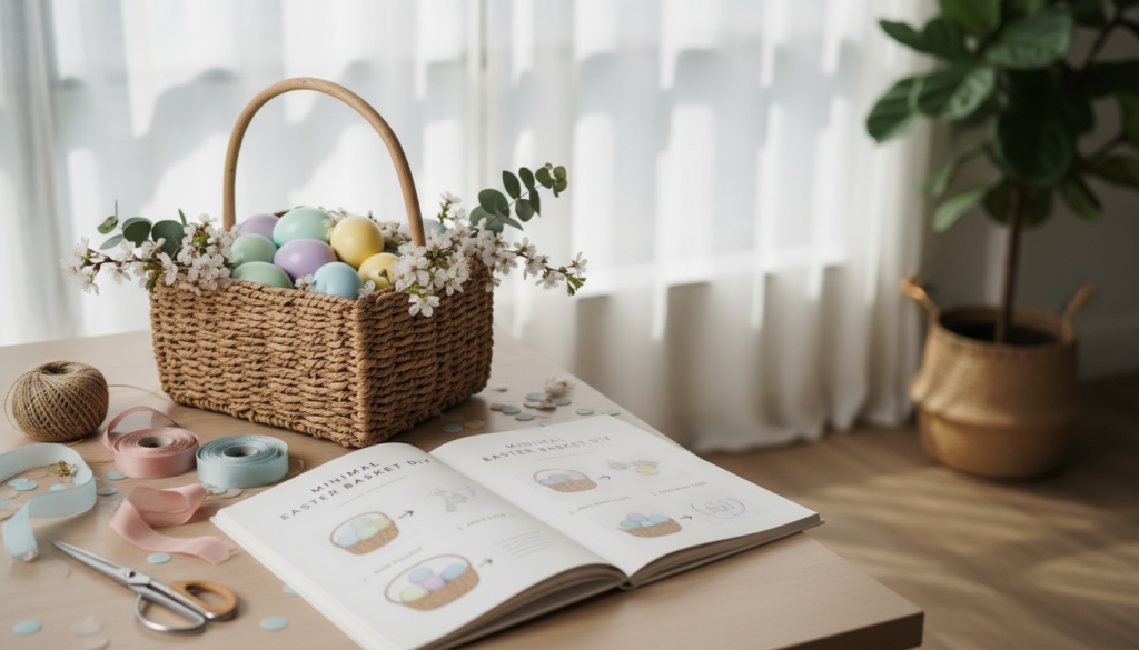Minimal Easter DIY projects for modern homes featuring a woven basket filled with pastel eggs and white blossoms on a wooden table, surrounded by ribbons, twine, scissors, confetti, and an open DIY guide showing steps for creating a minimal Easter basket.