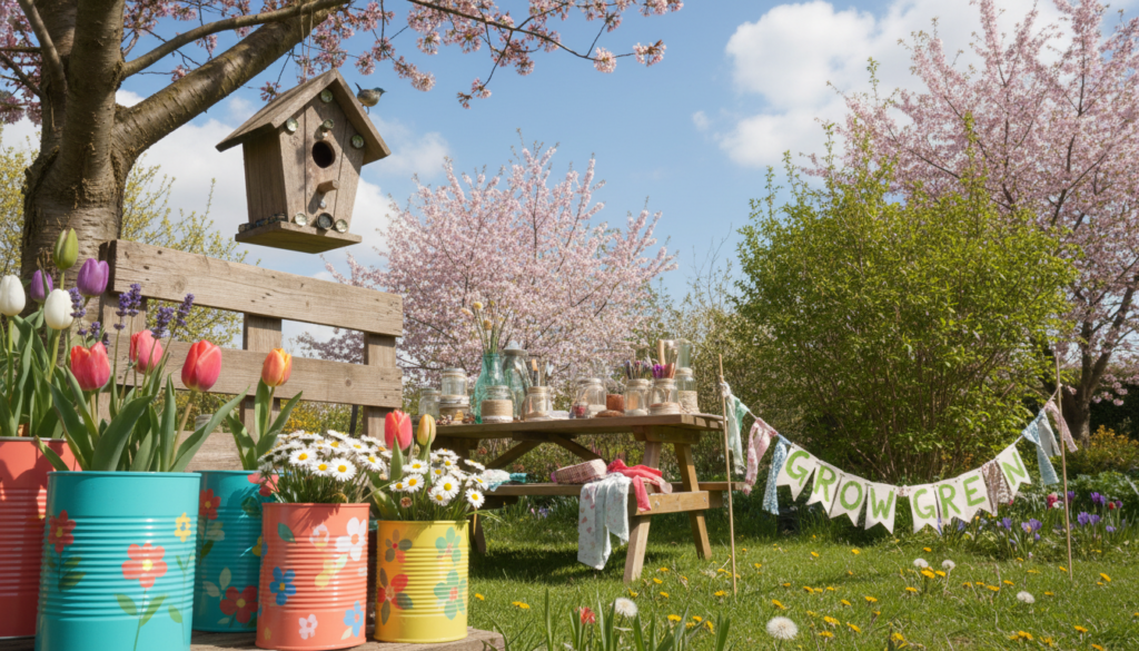 Eco‑friendly spring DIY projects using recycled materials featuring painted tin cans used as flower pots, a wooden birdhouse hanging from a tree, and a spring garden decorated with upcycled jars and a “GROW GREEN” banner.