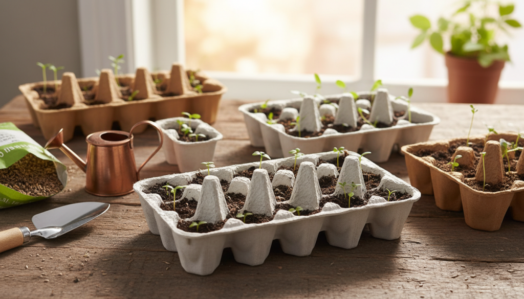 Eco‑friendly spring DIY projects using recycled materials featuring paper seedling trays filled with young sprouts, a copper watering can, gardening tools, and natural light in a cozy indoor planting space.