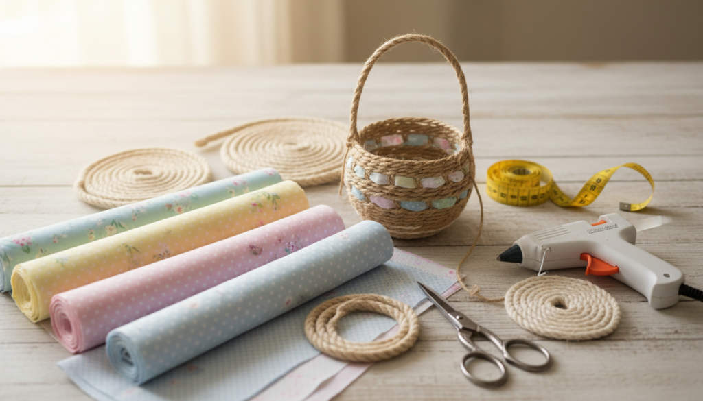 DIY Easter basket ideas using fabric and rope featuring a small handmade basket wrapped in jute rope and decorated with pastel fabric pieces, surrounded by rolls of patterned fabric, coiled rope, scissors, a glue gun, and a measuring tape on a wooden surface.