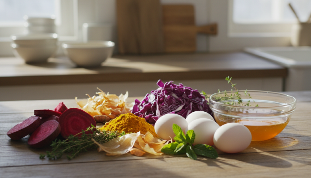 Natural Easter egg dye ideas using fruits and vegetables featuring fresh beets, turmeric, onion flakes, red cabbage, herbs, and white eggs arranged on a wooden kitchen counter with bowls and cutting boards in soft natural light.